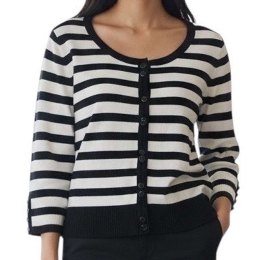 WHITE HOUSE‎ BLACK MARKET Black/White Striped Snap Front 3/4 Sleeve Cardigan S